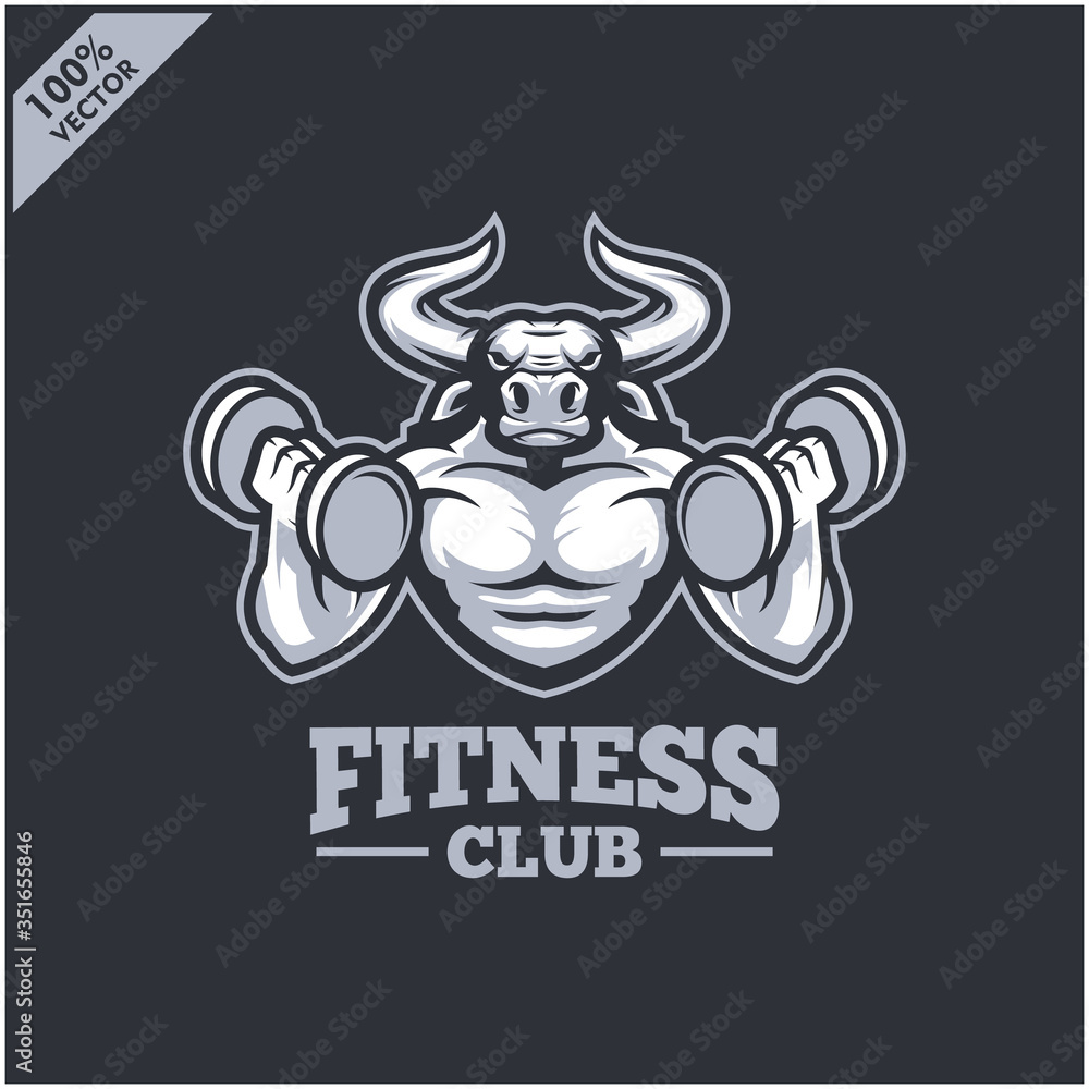 Bull with strong body, fitness club or gym logo. Design element for company logo, label, emblem, apparel or other merchandise. Scalable and editable Vector illustration