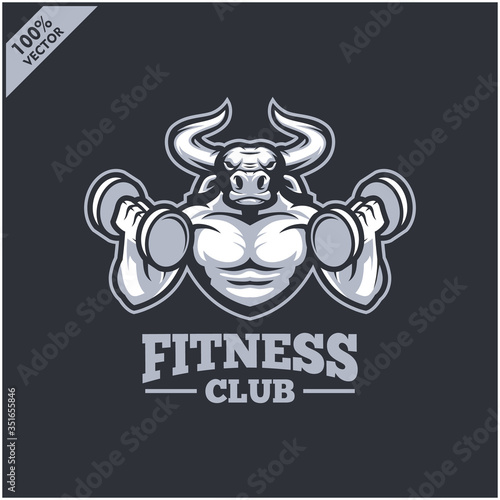 Bull with strong body, fitness club or gym logo. Design element for company logo, label, emblem, apparel or other merchandise. Scalable and editable Vector illustration