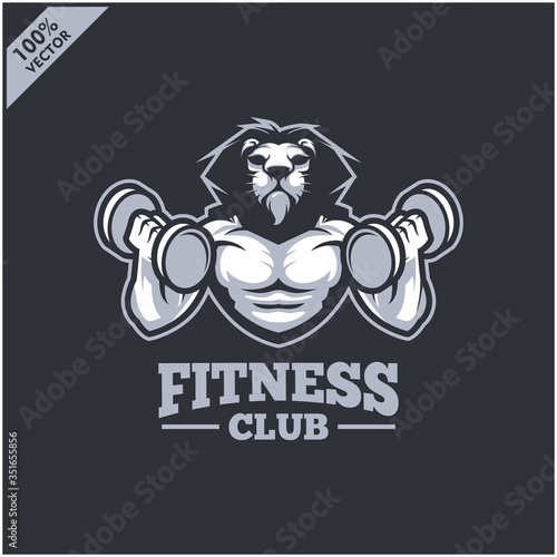 Lion with strong body, fitness club or gym logo. Design element for company logo, label, emblem, apparel or other merchandise. Scalable and editable Vector illustration photo