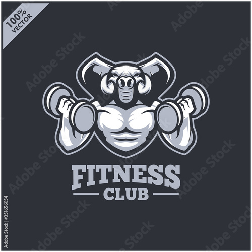 Elephant with strong body, fitness club or gym logo. Design element for company logo, label, emblem, apparel or other merchandise. Scalable and editable Vector illustration