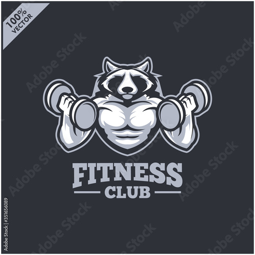Raccoon with strong body, fitness club or gym logo. Design element for company logo, label, emblem, apparel or other merchandise. Scalable and editable Vector illustration