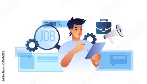 Search job concept with young male candidate, flipchart, magnifier, megaphone, briefcase, abstract profile windows. Recruitment illustration in flat style with professional manager analyzing vacancies