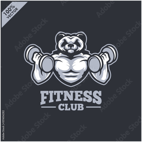 Panda with strong body, fitness club or gym logo. Design element for company logo, label, emblem, apparel or other merchandise. Scalable and editable Vector illustration
