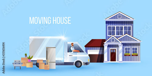 Moving to new home concept with truck, driver, boxes, furniture, building. Shipping service background with delivery person, armchair, refrigerator, vintage house. Vector illustration in flat style