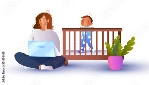 Vector illustration in flat style with house plant, freelancer, baby in cradle. Home office concept with young woman working online, laptop and her child. Single mother looking for job during crisis