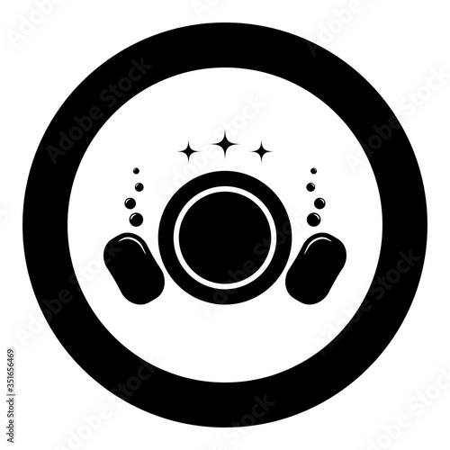 Dishwashing concept Clearing dishes Plate Washcloth Sponge Bubbles Clean kitchen idea icon in circle round black color vector illustration flat style image