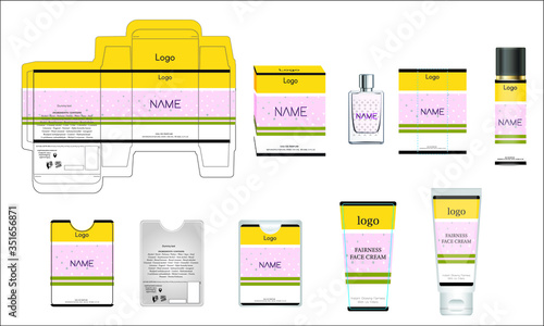 Packaging design, luxury perfume box, pocket perfume, deo design and face cream template and mock up box. Illustration vector.
