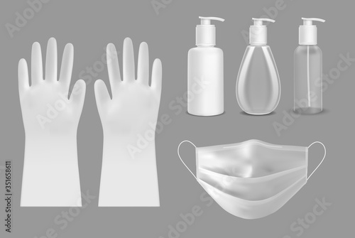 Protective medical face mask. Vector realistic hand sanitizer. Plastic transparent bottle with pump. Disposable vector plastic or nitrile gloves