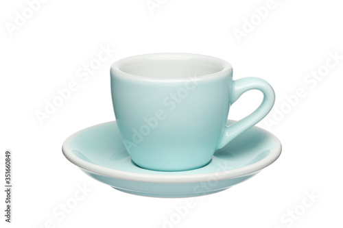 Blue cup and saucer isolated on a white background.