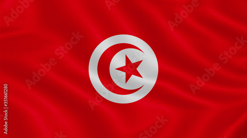 Flag of Tunisia. Realistic waving flag 3D render illustration with highly detailed fabric texture.