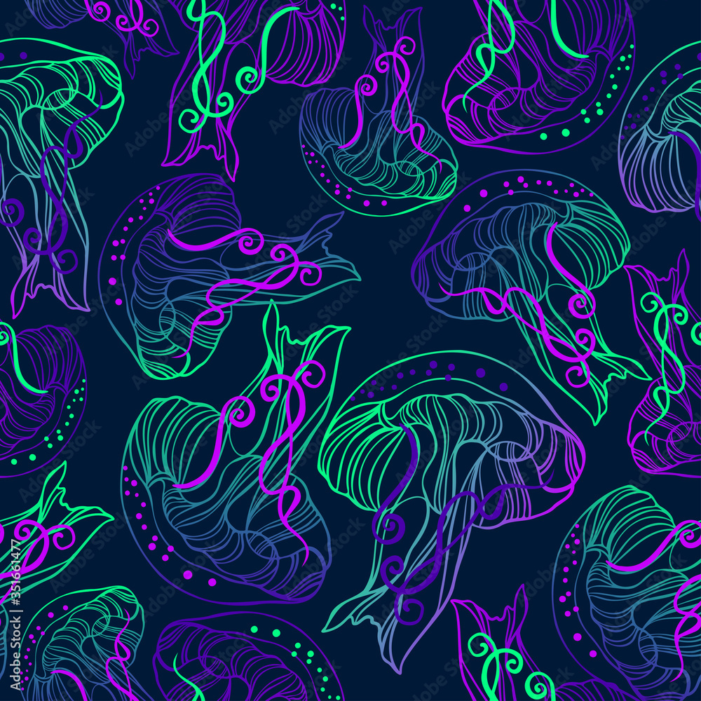 Vector seamless colorful pattern with green and purple lined bioluminescent mushrooms or fungi in dark tones. Design with jellyfish. The design is perfect for wallpaper, clothes, 