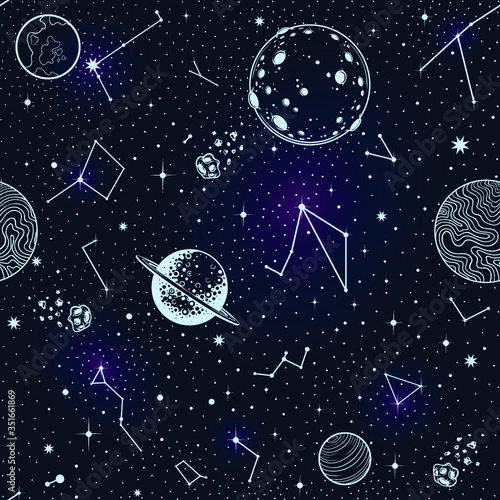 Vector Blue Space Stars Seamless Pattern