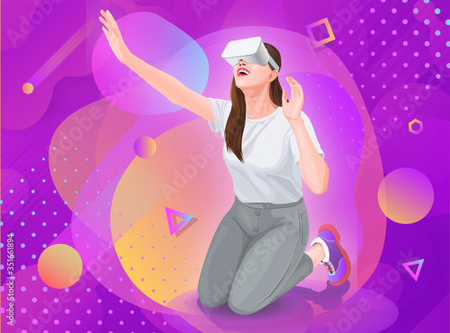 Girl in virtual reality glasses sitting on her knees