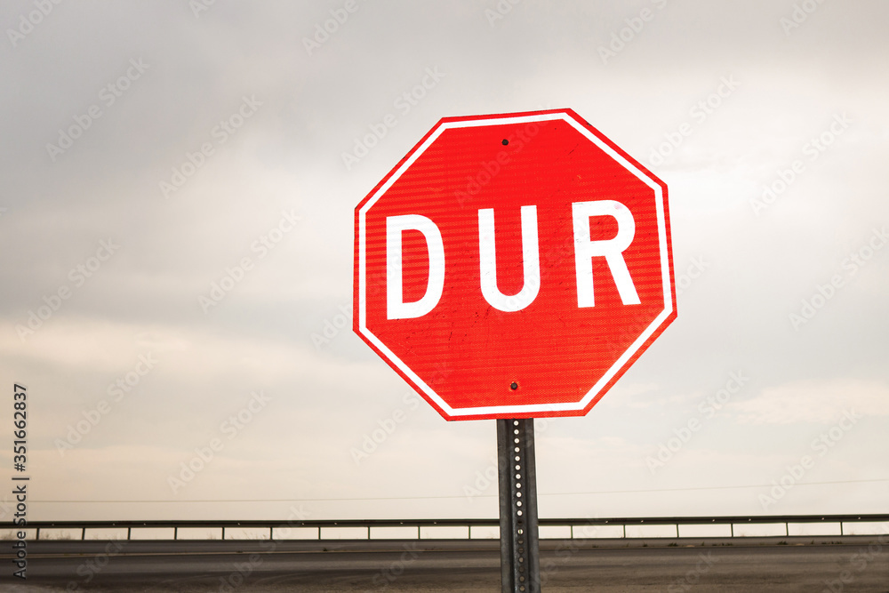 International hexagonal traffic sign 'Stop' (written in Turkish) on cloudy sky background International hexagonal traffic sign 'Stop' (written in Turkish) on cloudy sky background