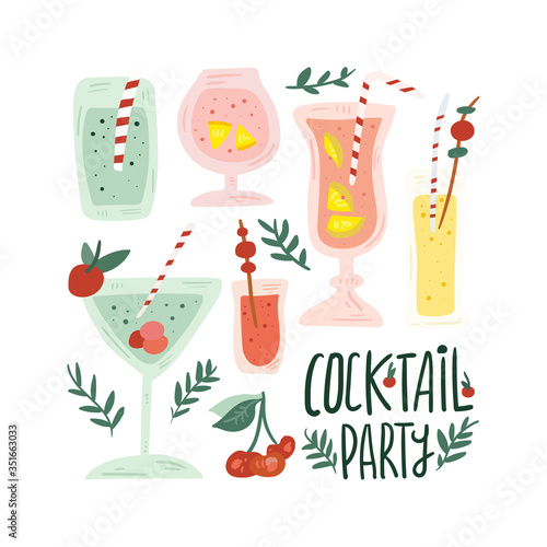 Set of hand drawn alcoholic drinks, cocktails. Summer holiday and beach party concept. Isolated vector icons. Scandinavian nordic design for bar or interior or cover or textile or background.