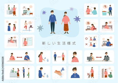 【A4】 【New normal】新しい生活様式を伝えるイラスト。真正面を避ける、手を洗う、ソーシャルディスタンス、旅行・移動を控える、マスクを着用する。