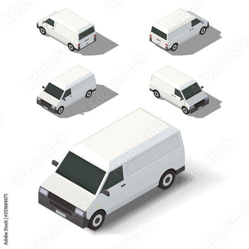 Isometric white delivery van. Cargo minivan on white background.
