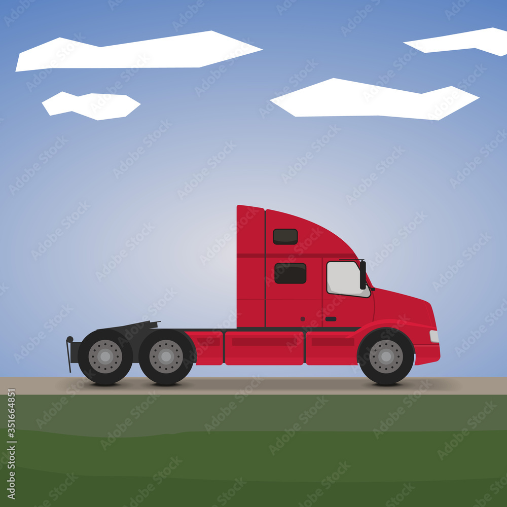 Cartoon style flat illustration of a semi truck side view. Heavy
