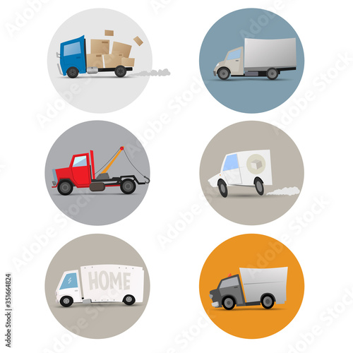 Cartoon vehicles set. Cargo vans, delivery, evacuator, lorry truck.
