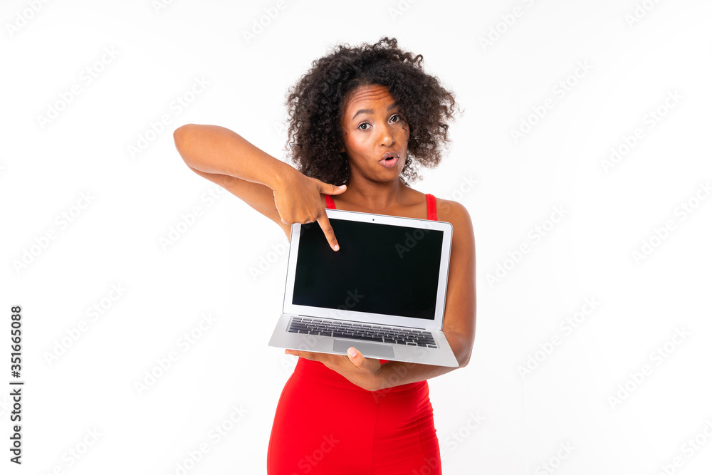 African female shows laptop, picture isolated on white background African female shows laptop, picture isolated on white background