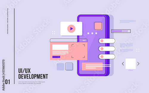 Mobile UI/UX development design concept. Smartphone with interface elements. Digital industry. Innovation and technologies. Mobile app. Vector flat illustration for web page, banner, presentation.