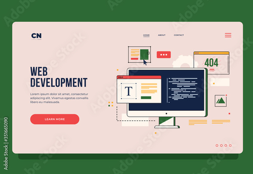 Concept of web development, programming, coding and web design. Header for website. Homepage. Elements of interface and browser windows on monitor screen. Innovations and technologies.