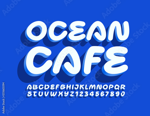 Vector creative logo Ocean Cafe. Blue modern Font. Handwritten Alphabet Letters and Numbers