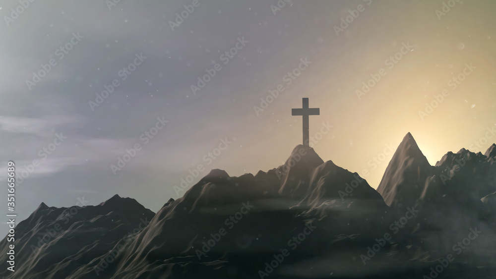 Silhouette of the cross over the sunset on mountain top 3d rendering. stations of the cross