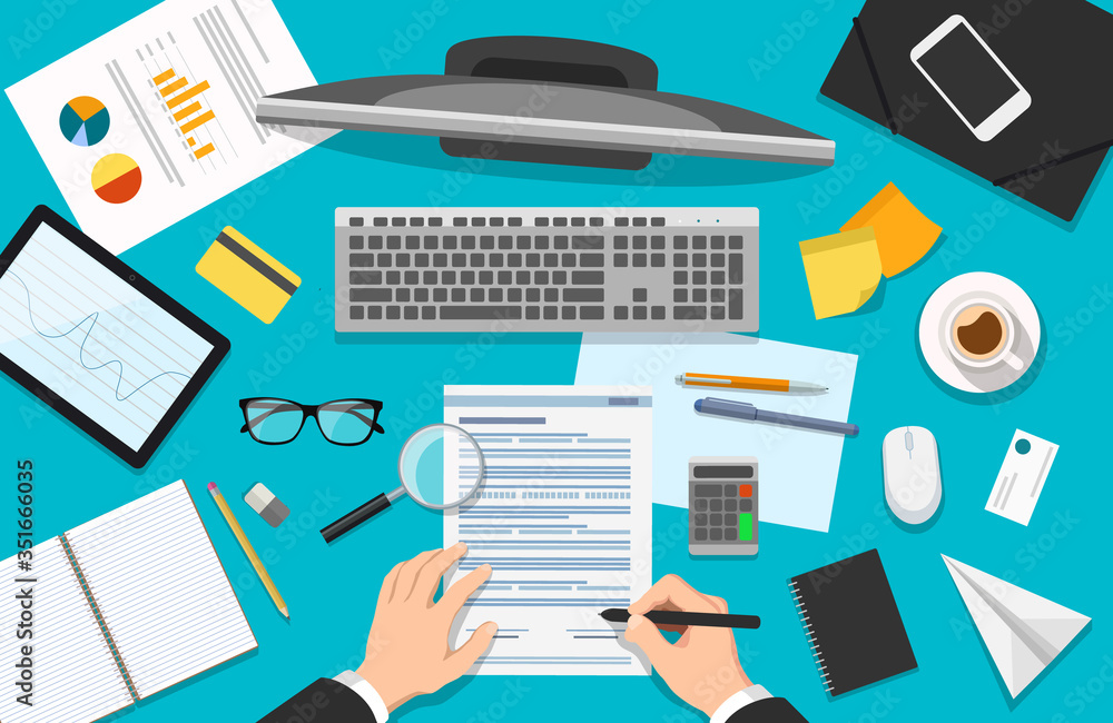 Vector flat business workplace with computer, tablet, documents, coffee and papers with statistics from top view Vector flat business workplace with computer, tablet, documents, coffee and papers with statistics from top view