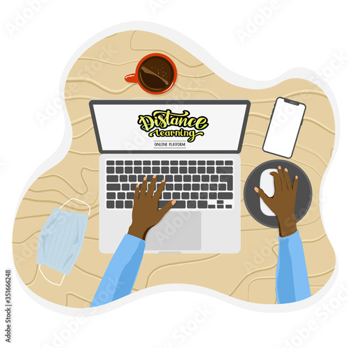 vector image of manual lettering on the topic of distance learning using a laptop and online platform