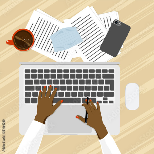 vector image on the topic of distance learning using a laptop and online platform