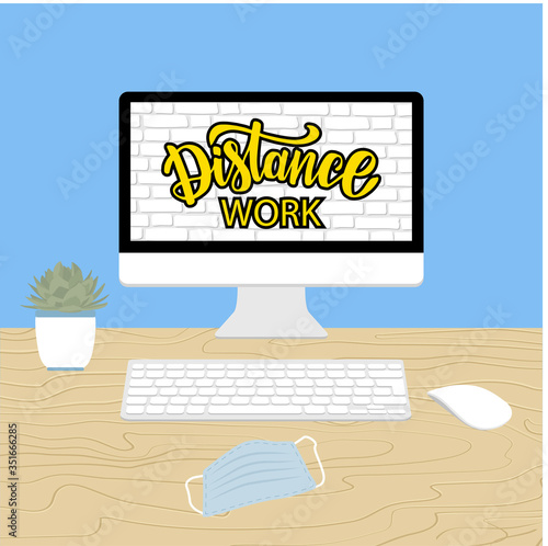 vector image of manual lettering on the topic of distance learning using a computer and online platform
