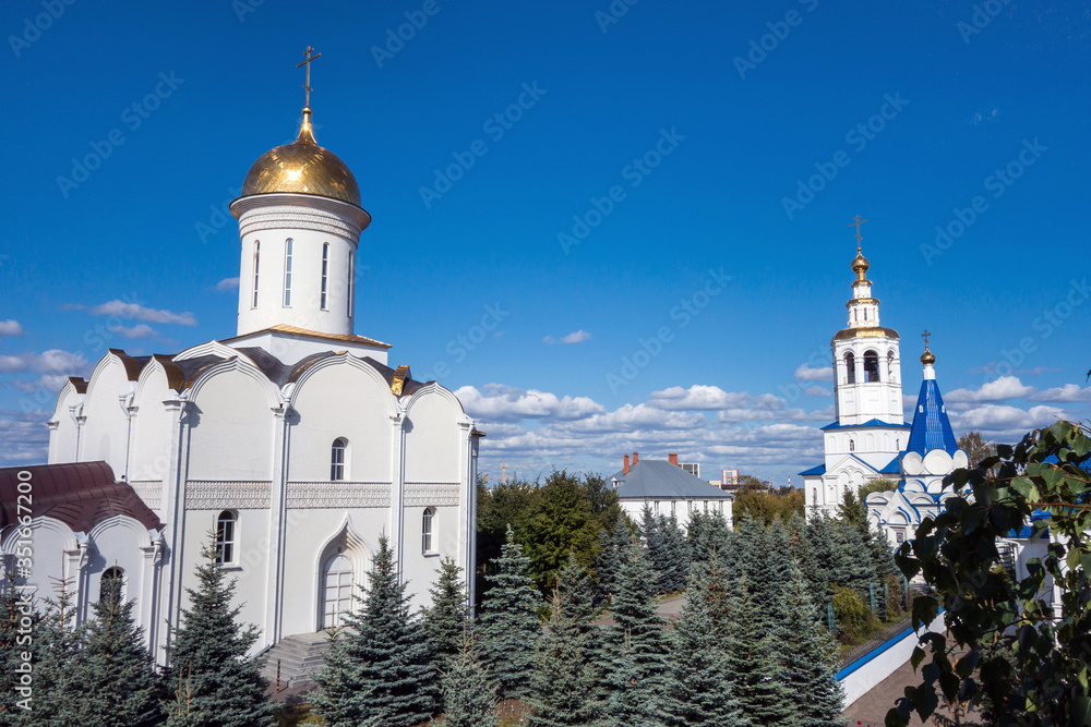 Trinity Cathedral & bell tower of Zilantov monastery, Kazan, Russia. All the complex is built in traditional Russian orthodox style. Monastery is one of tourist sights, though it lies aside of routes