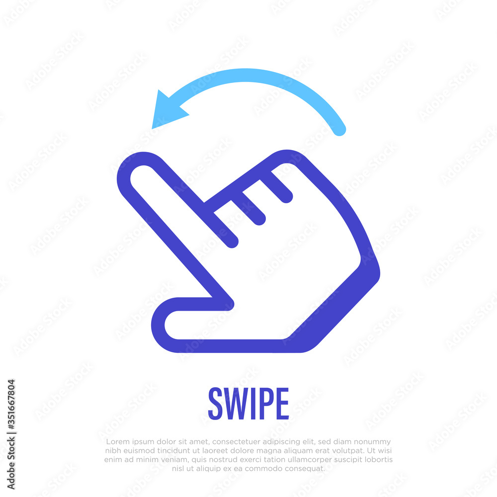 Swipe to left by finger. Hand gesture with arrow. Thin line icon for app. Vector illustration. Swipe to left by finger. Hand gesture with arrow. Thin line icon for app. Vector illustration.