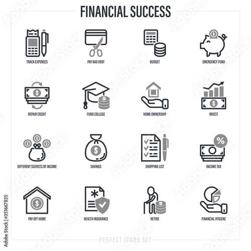 Financial success set: track expenses, budget, emergency fund, credit card, home ownership, invest, fund college, retire, financial hygiene, health insurance. Thin line icons. Vector illustration.