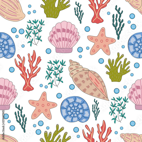 Seamless pattern of sea animals and corals in vector graphics on a white background. For the design of childrens, cartoon illustrations, postcards, prints, stikers, covers for notebooks © Irina