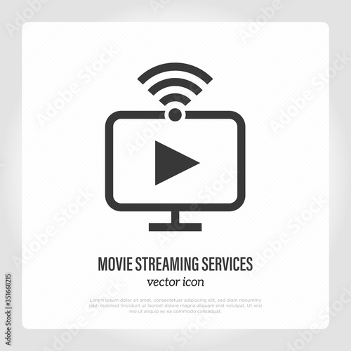 Online streaming service: pc with play button. Thin line icon. Webinar, online learning, business training, online movie, courses. Vector illustration.