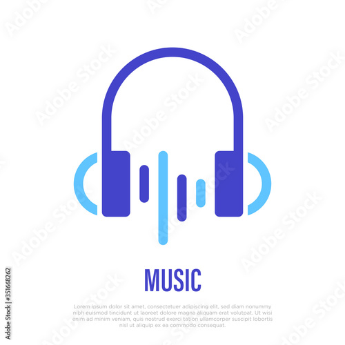 Music sign: headphones with wave. Audio, sound. Thin line icon for mobile app. Vector illustration.