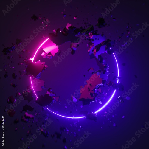 3d render, abstract modern geometric background, violet pink neon light, glowing ring, blank round frame, broken concrete pieces levitating, rocks flying, wall debris. Minimal futuristic space concept photo