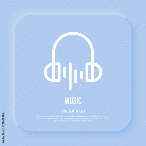 Music sign: headphones with wave. Audio, sound. Thin line icon for mobile app. Vector illustration.