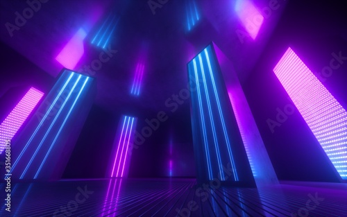 Fototapeta Naklejka Na Ścianę i Meble -  3d render, blue pink violet neon abstract background, ultraviolet light, night club empty room interior, tunnel or corridor, glowing panels, fashion podium, performance stage decorations