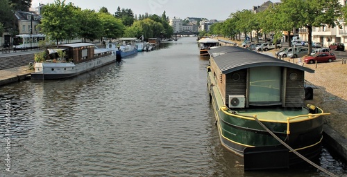 Barges along river Erdre in Nantes, Loire Atlantique, Pays de la Loire region, France