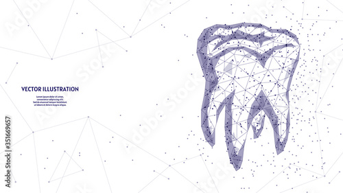 Human tooth close up. Model organ anatomy. Orthodontics, stomatology. Tooth treatment concept, oral care brushing. Innovative medicine and technology. 3d low poly wireframe vector illustration.