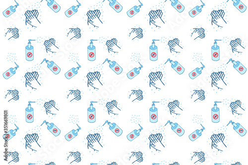 Repeating background of sanitizer in the bottle and process of hands disinfection. Sanitize your hands.