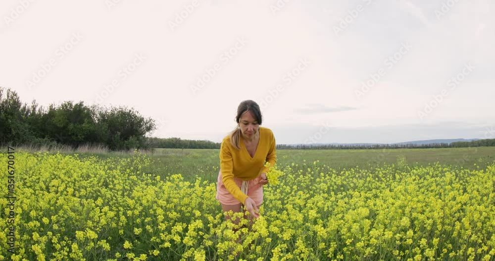 Young woman happy walking through a field and touching yellow flowers. Beautiful carefree woman enjoying nature in blooming field Young woman happy walking through a field and touching yellow flowers. Beautiful carefree woman enjoying nature in blooming field