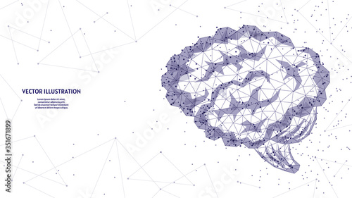 Human brain close up. Organ anatomy. Infrared computer mind, neurons, artificial intelligence, creative idea. Innovative medicine and technology. 3d low poly wireframe vector illustration.