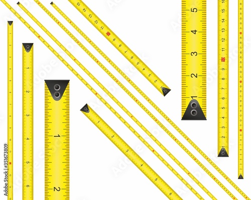Yellow Measure Tape. Centimeter and Inch. Dual Scale. Ruler measuring tapes. Vector long tape set for measure, inches and metric meters. Measure Tool Equipment Several Variants, Proportional Scaled.