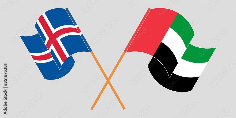 Crossed and waving flags of Iceland and United Arab Emirates Crossed and waving flags of Iceland and United Arab Emirates