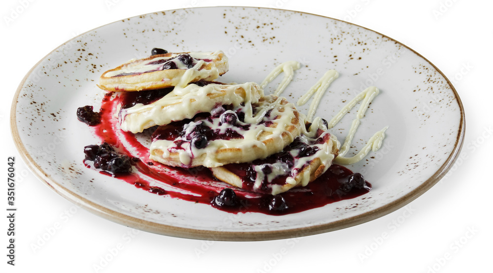 Cottage cheese pancakes or curd fritters decorated blueberry in plate on white table top view. Healthy and diet breakfast.