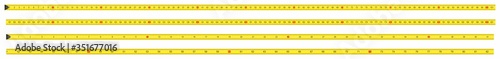 Yellow Measure Tape. Centimeter and Inch. Dual Scale. Ruler measuring tapes. Vector long tape set for measure, inches and metric meters. Measure Tool Equipment Several Variants, Proportional Scaled.